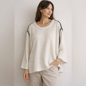 Soft Surroundings Ivory Textured Knit Sweater Black Whipstitch Boho Relaxed Top